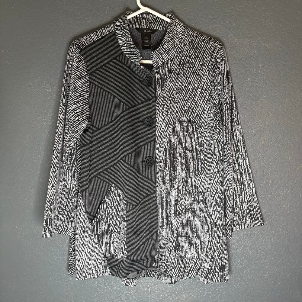 Ali Miles Tunic Top Womens M Black Neutral Abstract Color Block Art to Wear